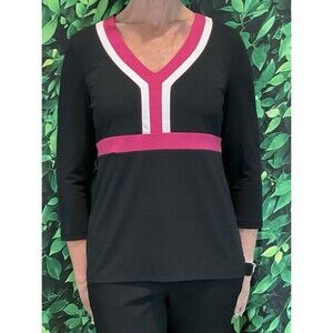 🖤 LOFT Colorblock V-Neck Top – Black White Pink – 3/4 Sleeve – Medium